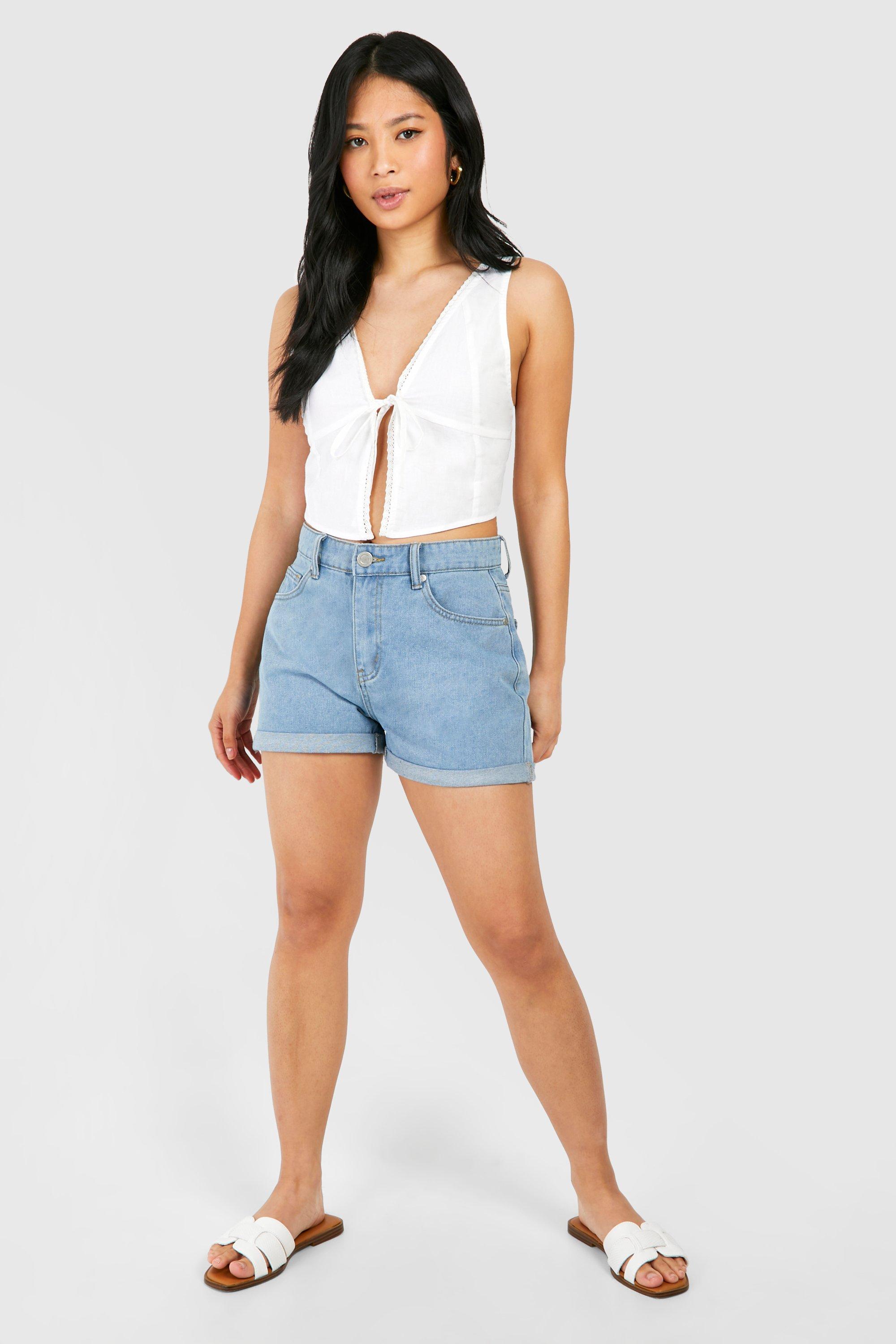 Petite Denim High Waisted Turned Up Hem Shorts boohoo